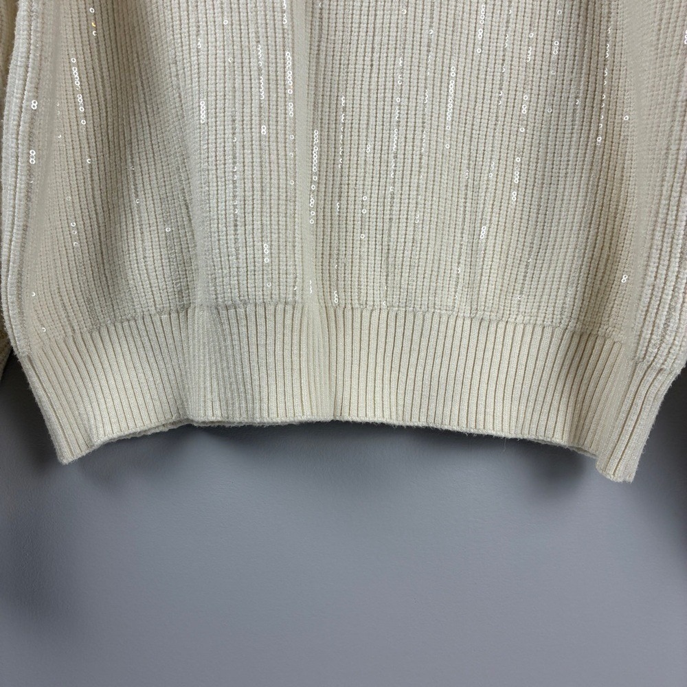 Nine West Half Zip XL Cream Rayon Knit Preppy Chic Sequin Sparkle Ribbed Sweater - Picture 7 of 11
